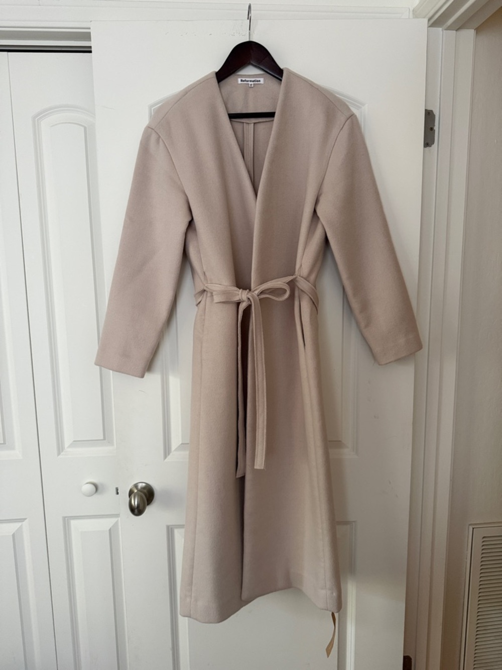 Reformation Long Belted Trench Coat in Light Beige